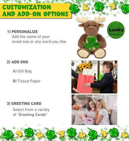 DolliBu Super Soft Moose Stuffed Animal with Green Plush Shamrock - 9 Inches