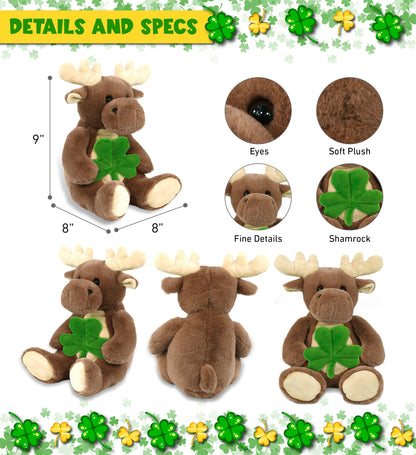 DolliBu Super Soft Moose Stuffed Animal with Green Plush Shamrock - 9 Inches