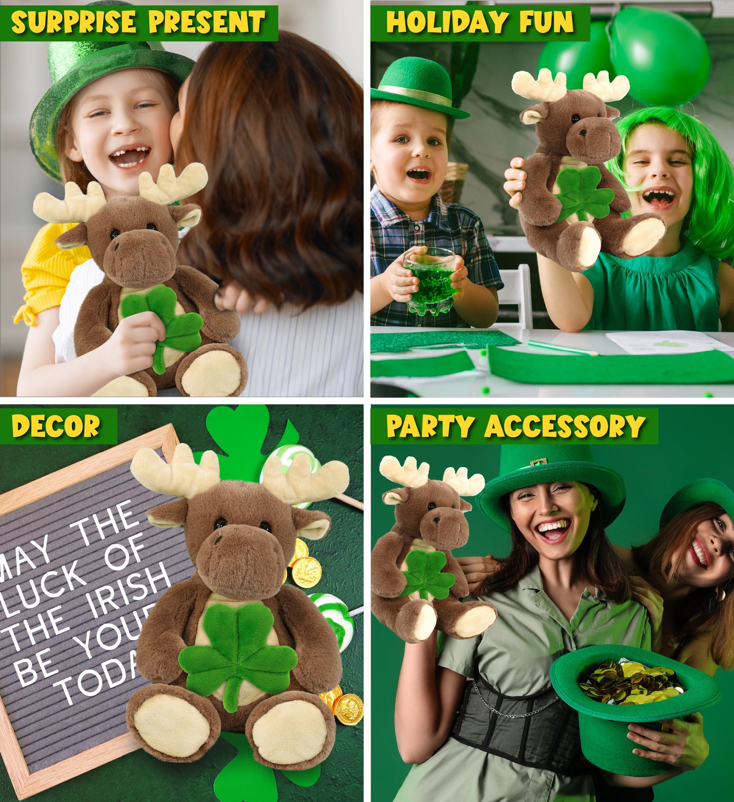 DolliBu Super Soft Moose Stuffed Animal with Green Plush Shamrock - 9 Inches