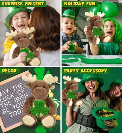 DolliBu Super Soft Moose Stuffed Animal with Green Plush Shamrock - 9 Inches