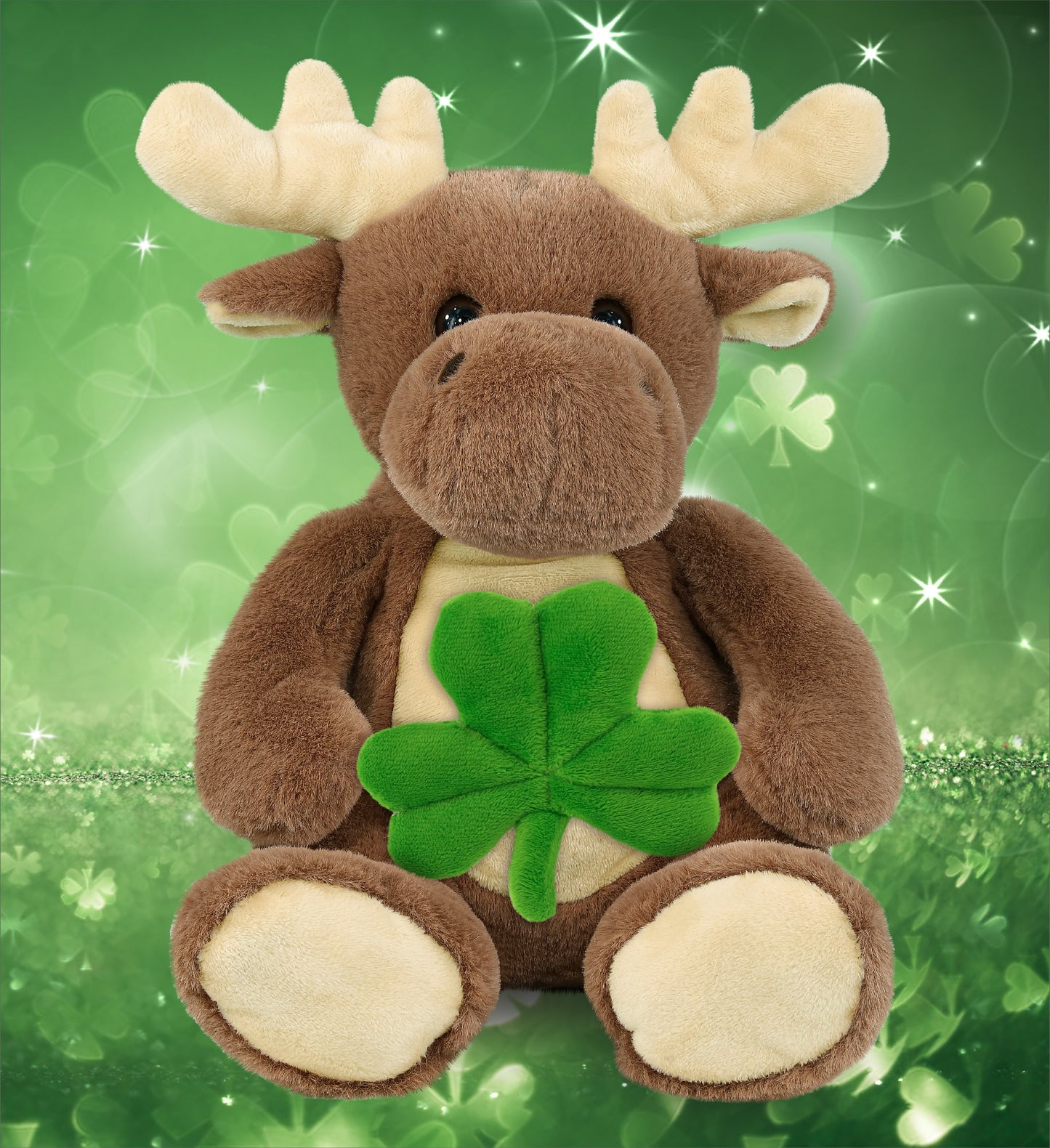 DolliBu Super Soft Moose Stuffed Animal with Green Plush Shamrock - 9 Inches