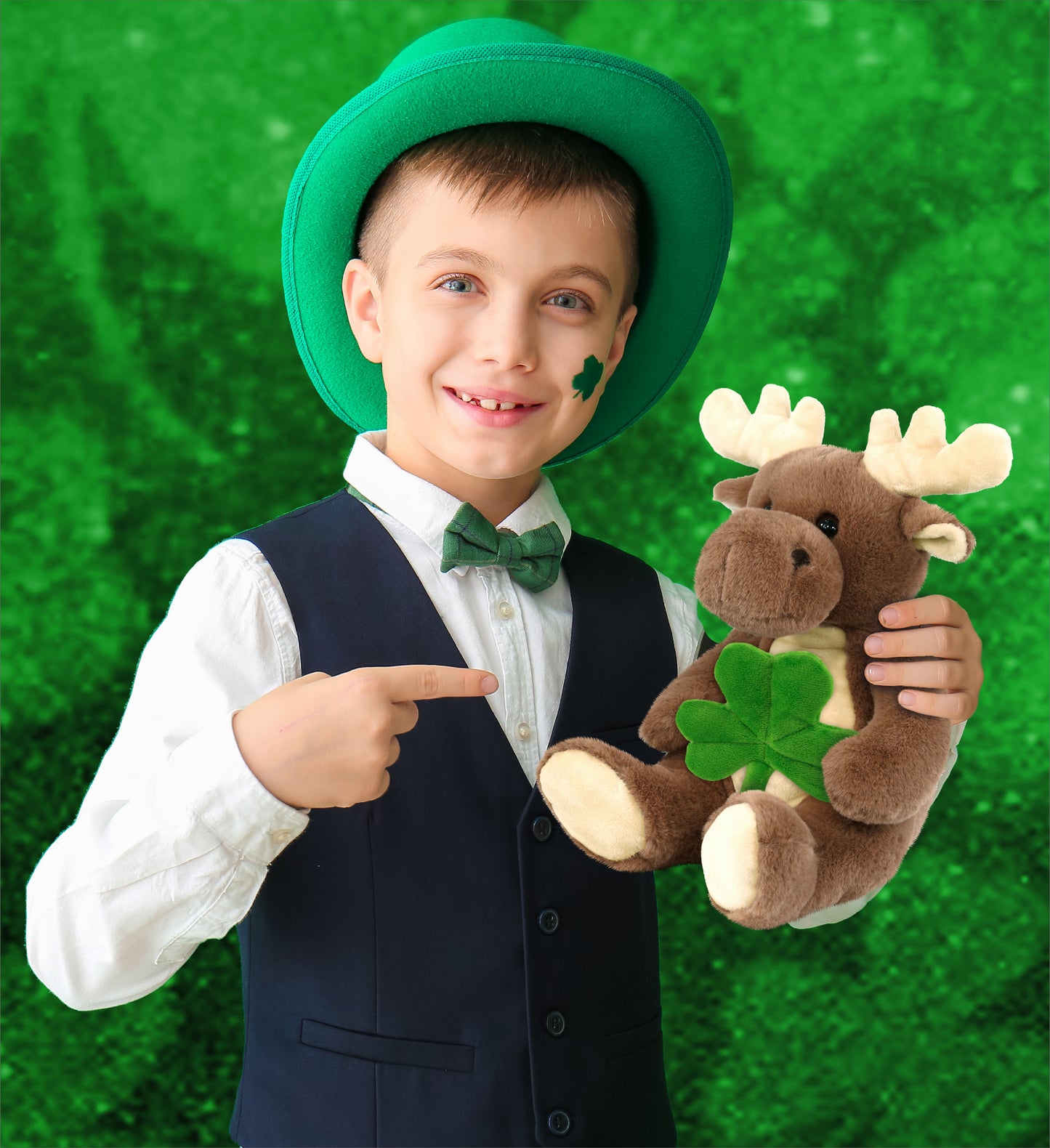 DolliBu Super Soft Moose Stuffed Animal with Green Plush Shamrock - 9 Inches
