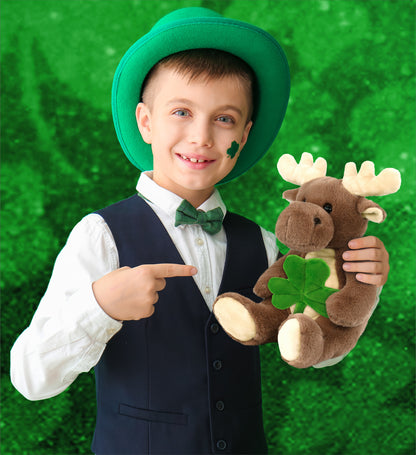DolliBu Super Soft Moose Stuffed Animal with Green Plush Shamrock - 9 Inches