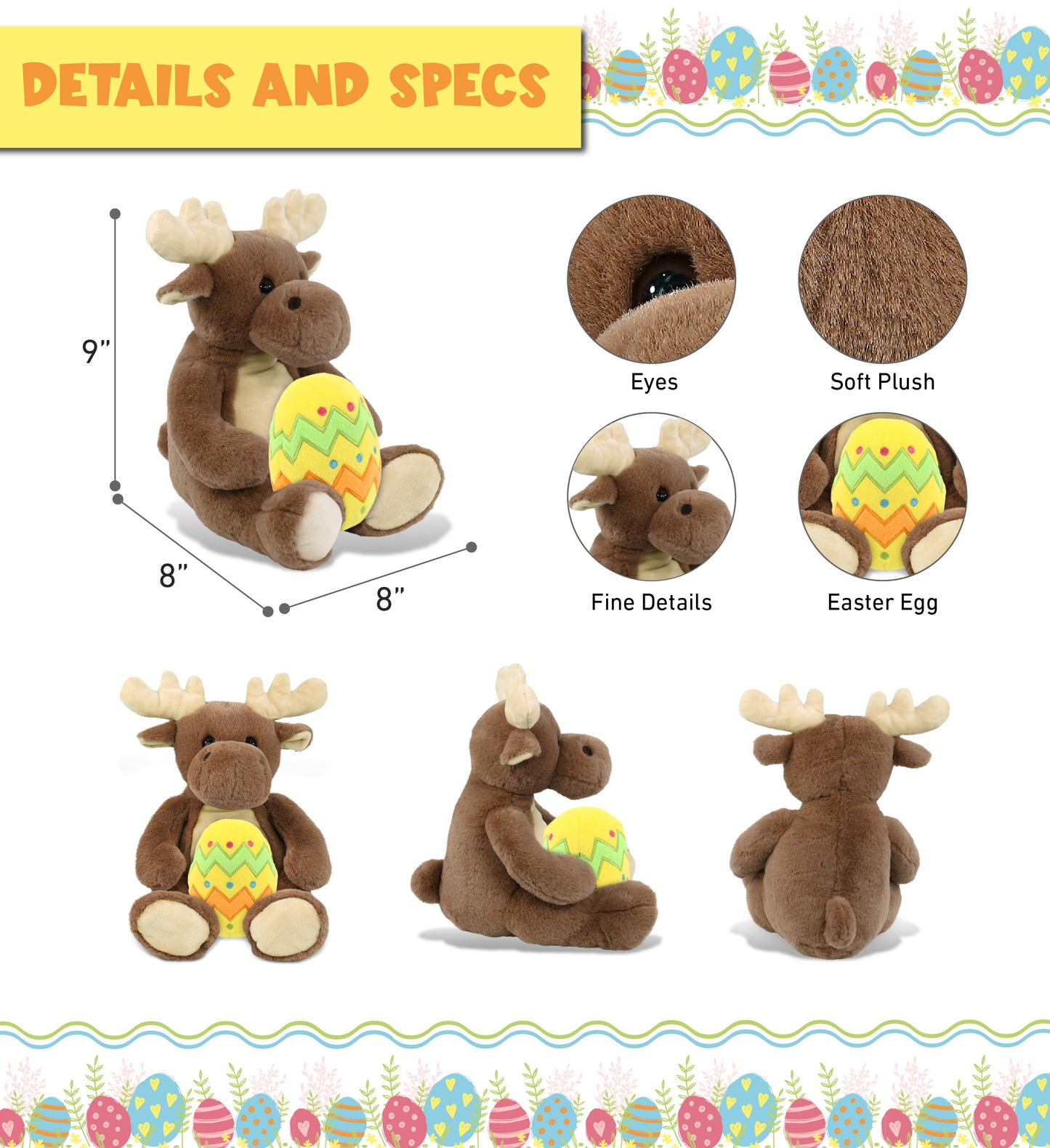 DolliBu Super Soft Cute Moose with Yellow Easter Egg Plush Toy - 9 Inches