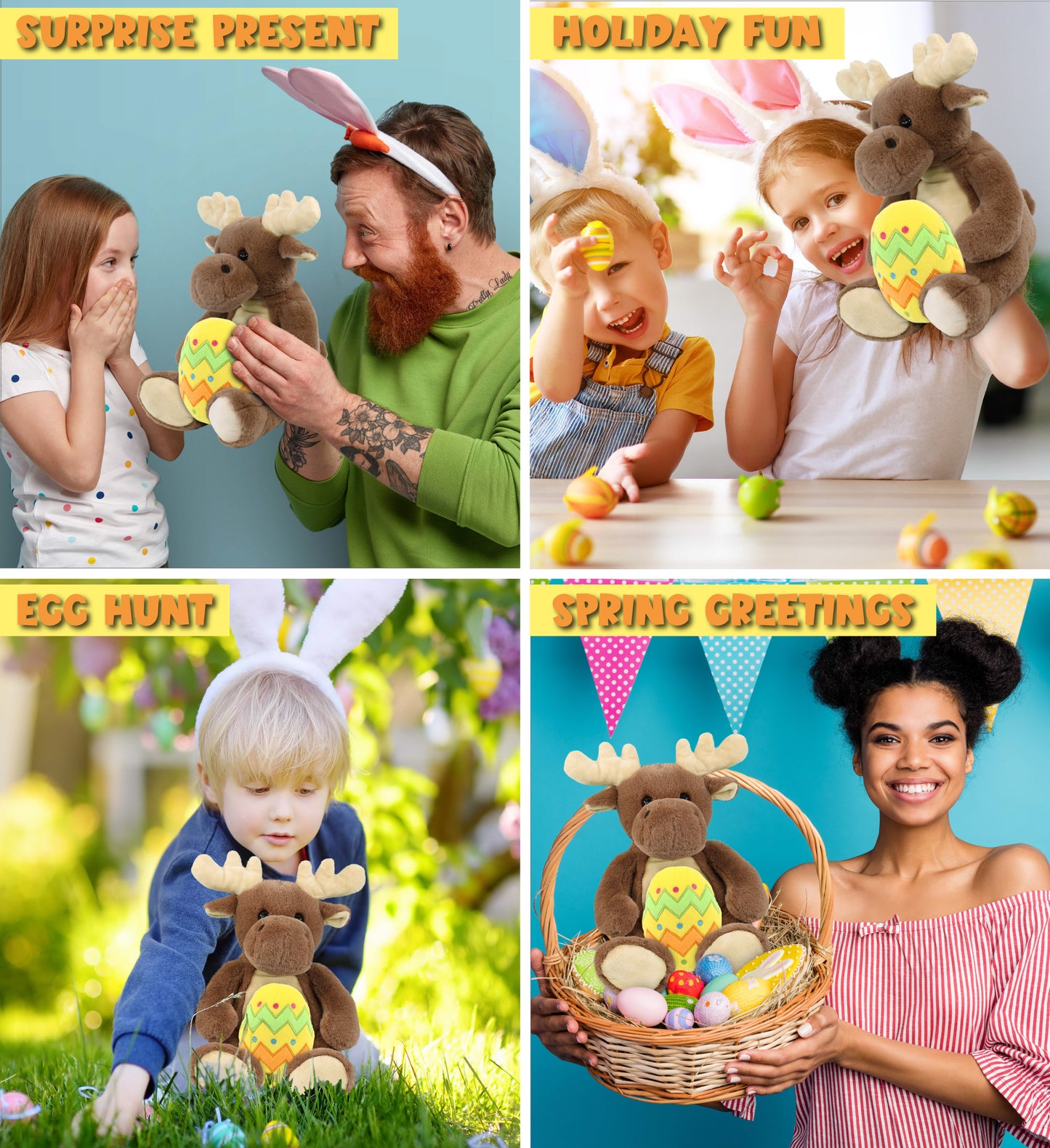 DolliBu Super Soft Cute Moose with Yellow Easter Egg Plush Toy - 9 Inches