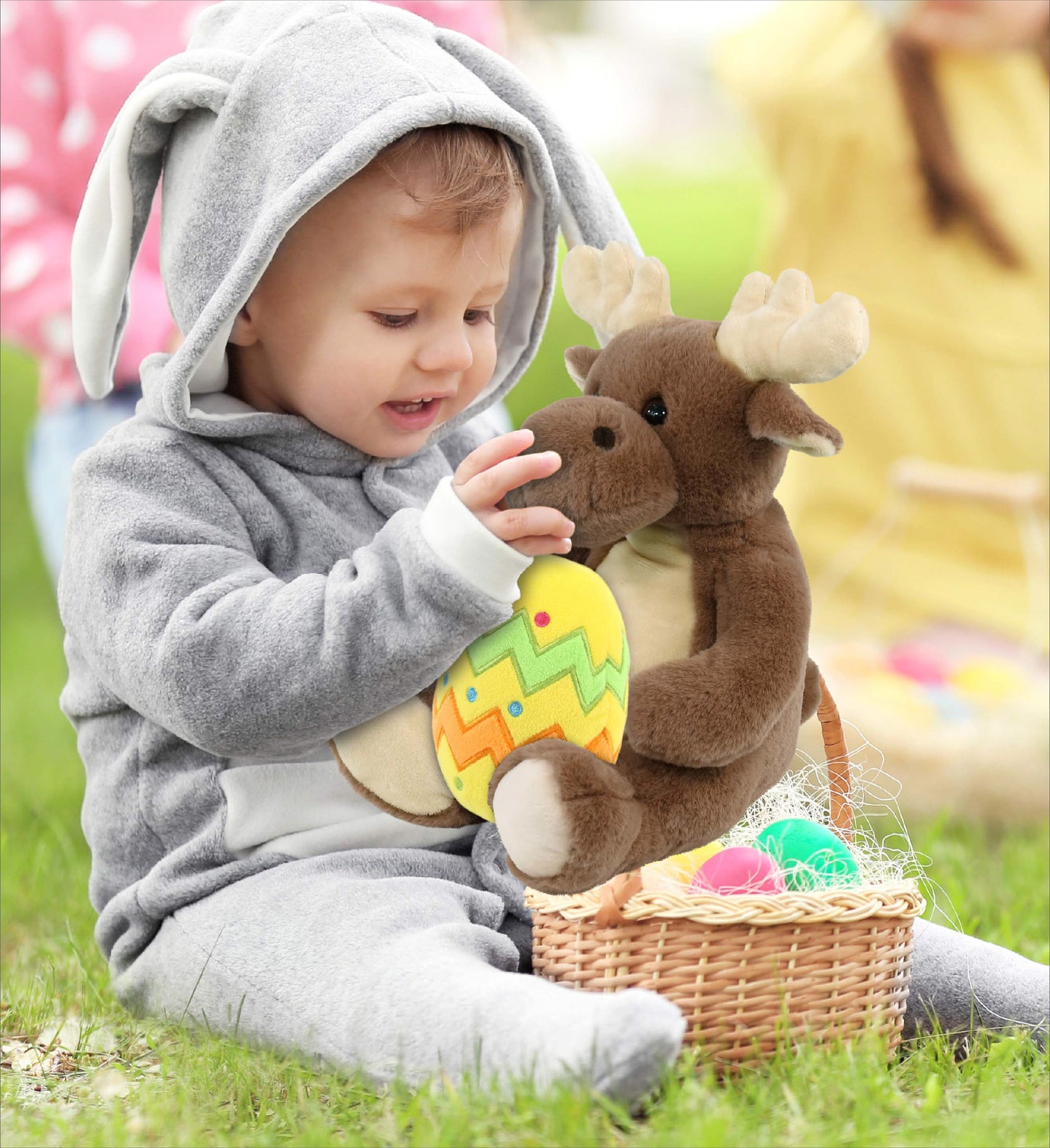 DolliBu Super Soft Cute Moose with Yellow Easter Egg Plush Toy - 9 Inches