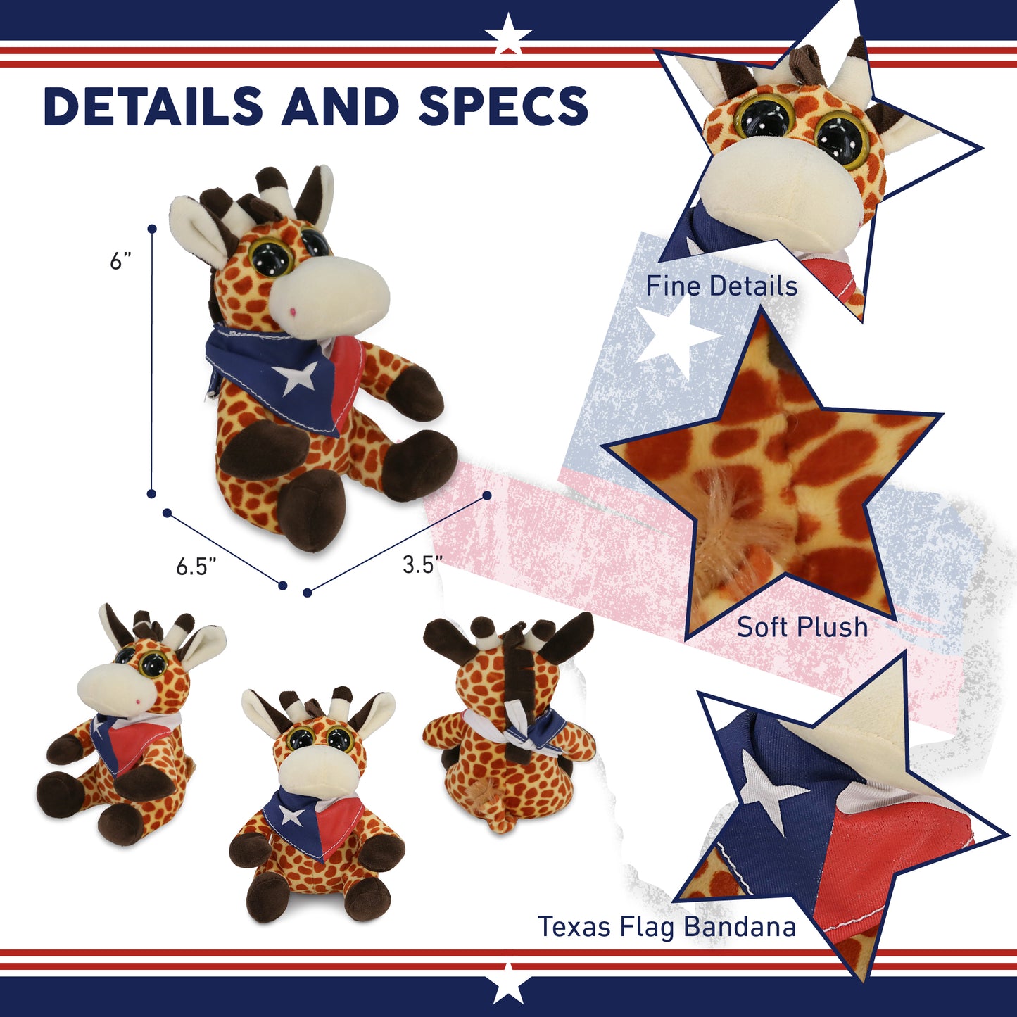 BIG EYE 6" PLUSH - GIRAFFE WITH TEXAS FLAG BANDANA