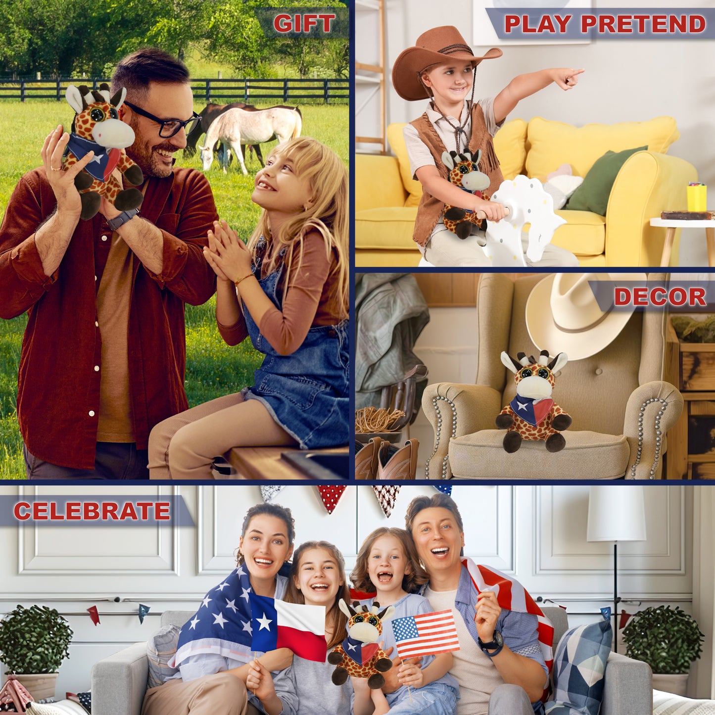 BIG EYE 6" PLUSH - GIRAFFE WITH TEXAS FLAG BANDANA