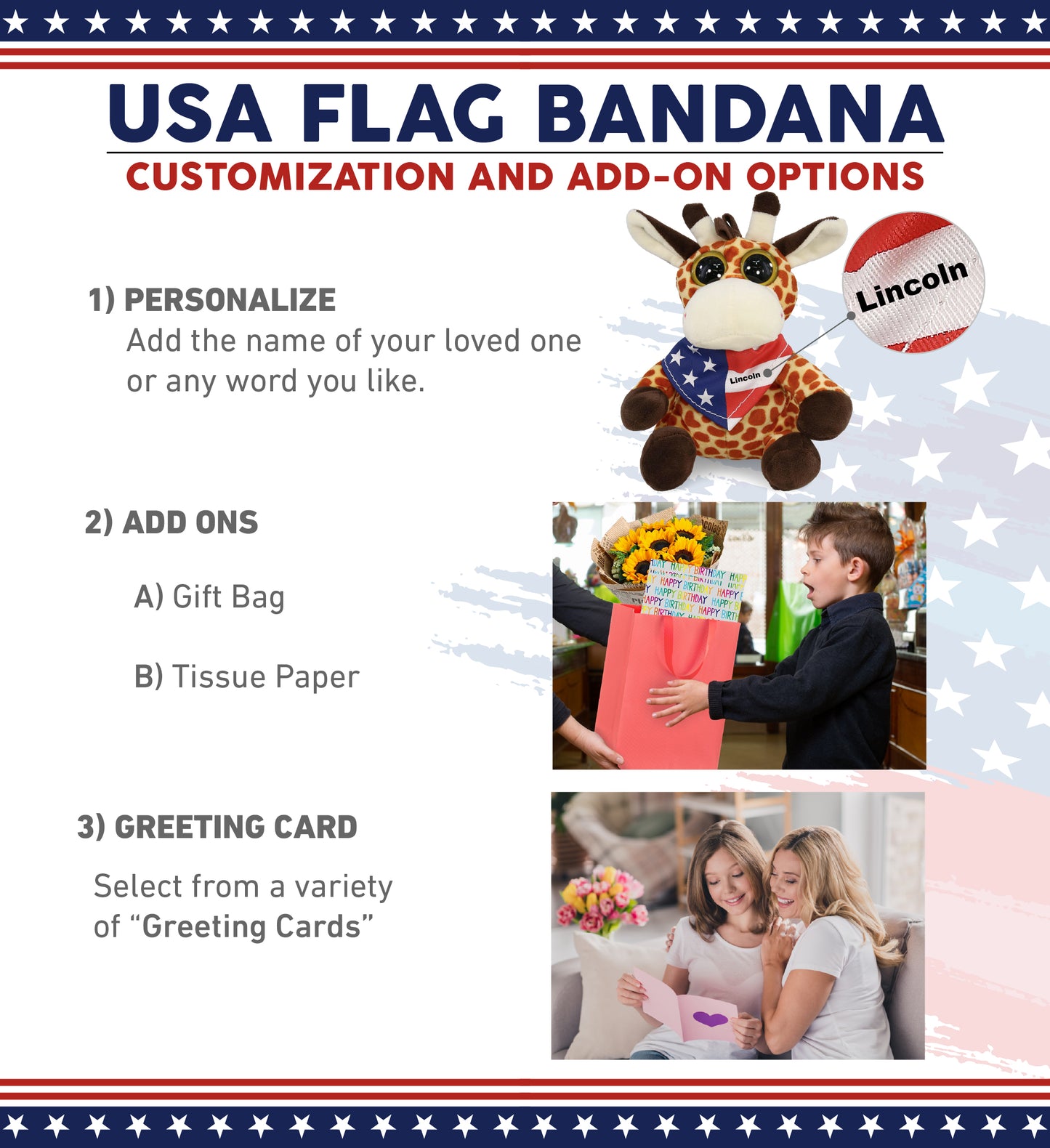 BIG EYE 6" PLUSH - GIRAFFE WITH USA FLAG BANDANA