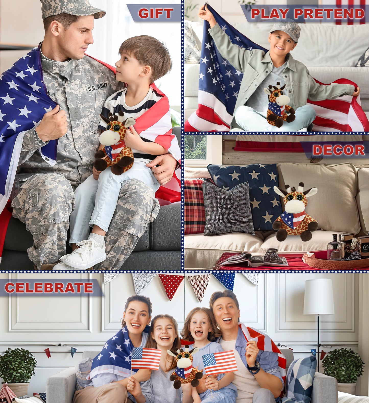 BIG EYE 6" PLUSH - GIRAFFE WITH USA FLAG BANDANA