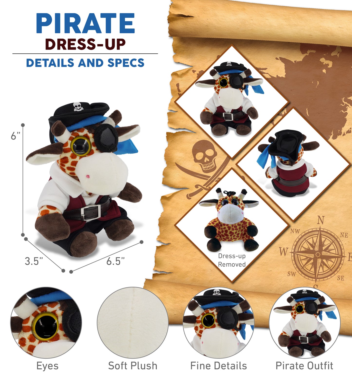 BIG EYE 6" PLUSH - GIRAFFE WITH PIRATE DRESS UP
