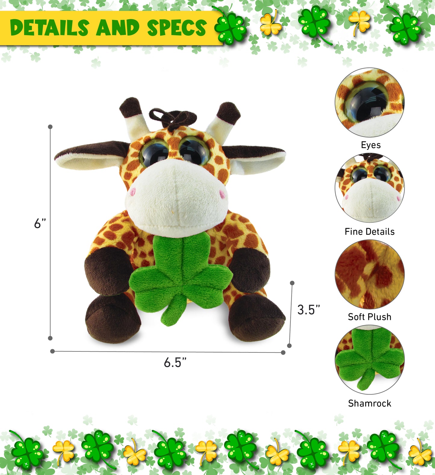 DolliBu Big Eye Giraffe Stuffed Animal with Green Plush Shamrock - 6.5 Inches