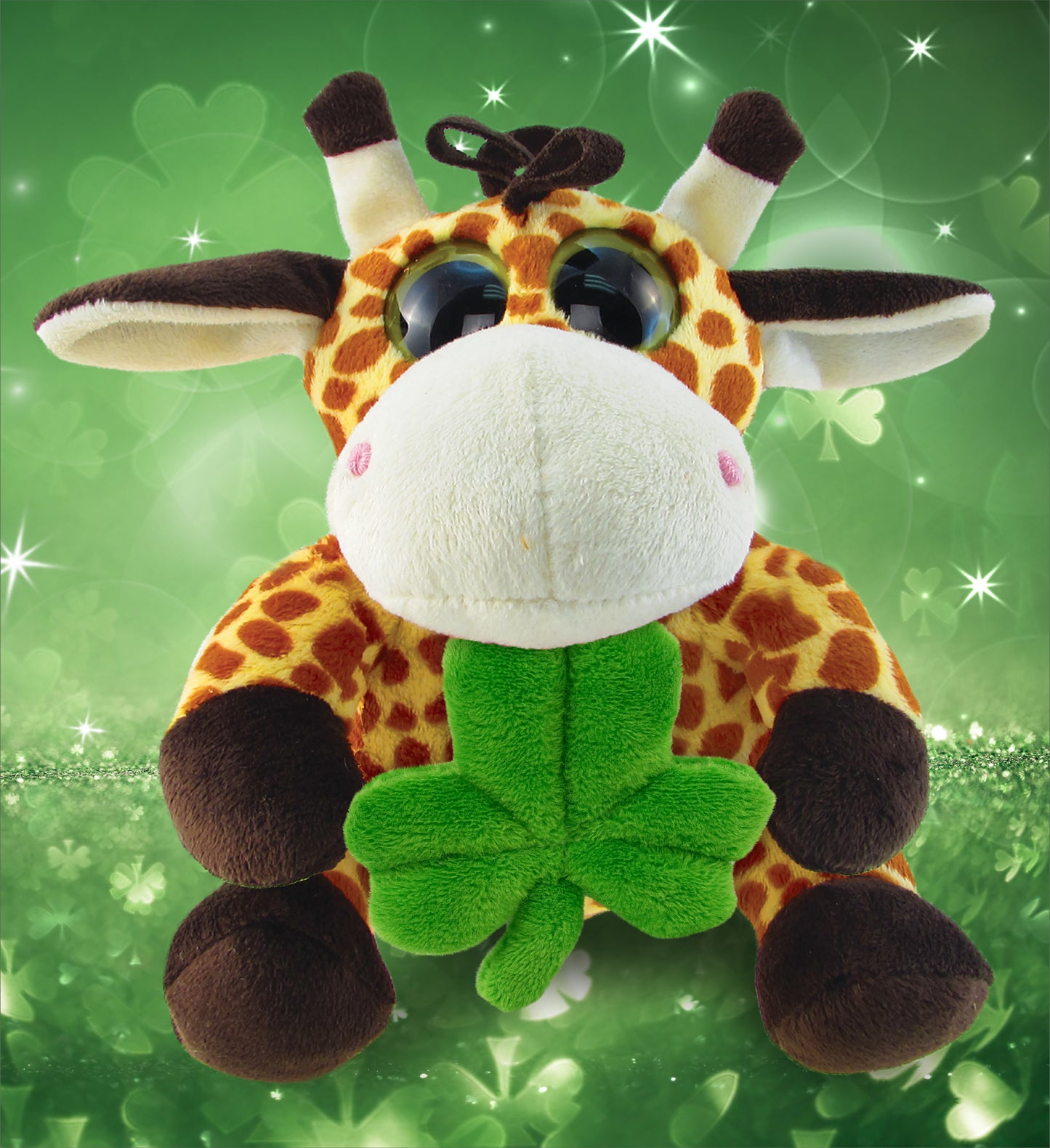 DolliBu Big Eye Giraffe Stuffed Animal with Green Plush Shamrock - 6.5 Inches