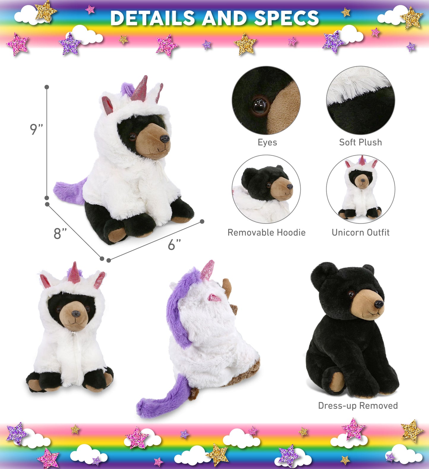 SUPER-SOFT PLUSH - FLOPPY BLACK BEAR 9" WITH UNICORN DRESS UP