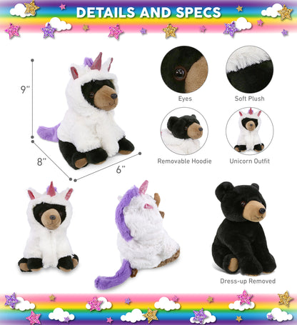 SUPER-SOFT PLUSH - FLOPPY BLACK BEAR 9" WITH UNICORN DRESS UP