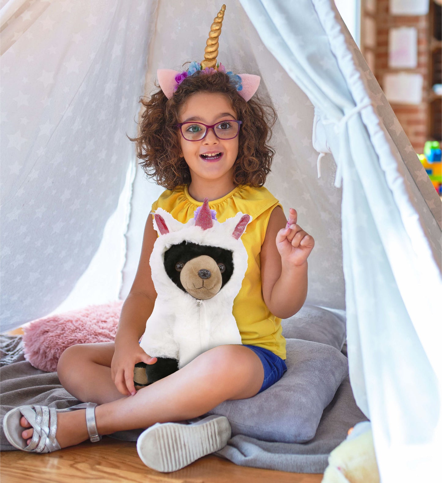 SUPER-SOFT PLUSH - FLOPPY BLACK BEAR 9" WITH UNICORN DRESS UP