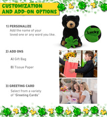 DolliBu Floppy Black Bear Stuffed Animal with Green Plush Shamrock - 9 Inches