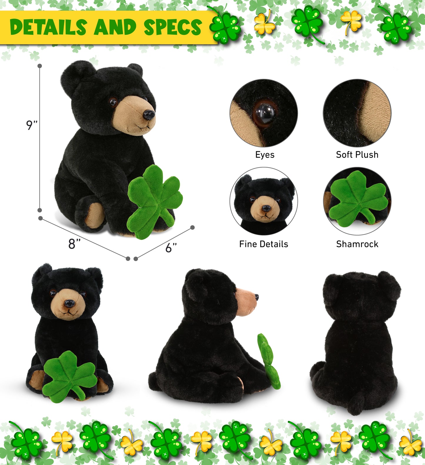DolliBu Floppy Black Bear Stuffed Animal with Green Plush Shamrock - 9 Inches
