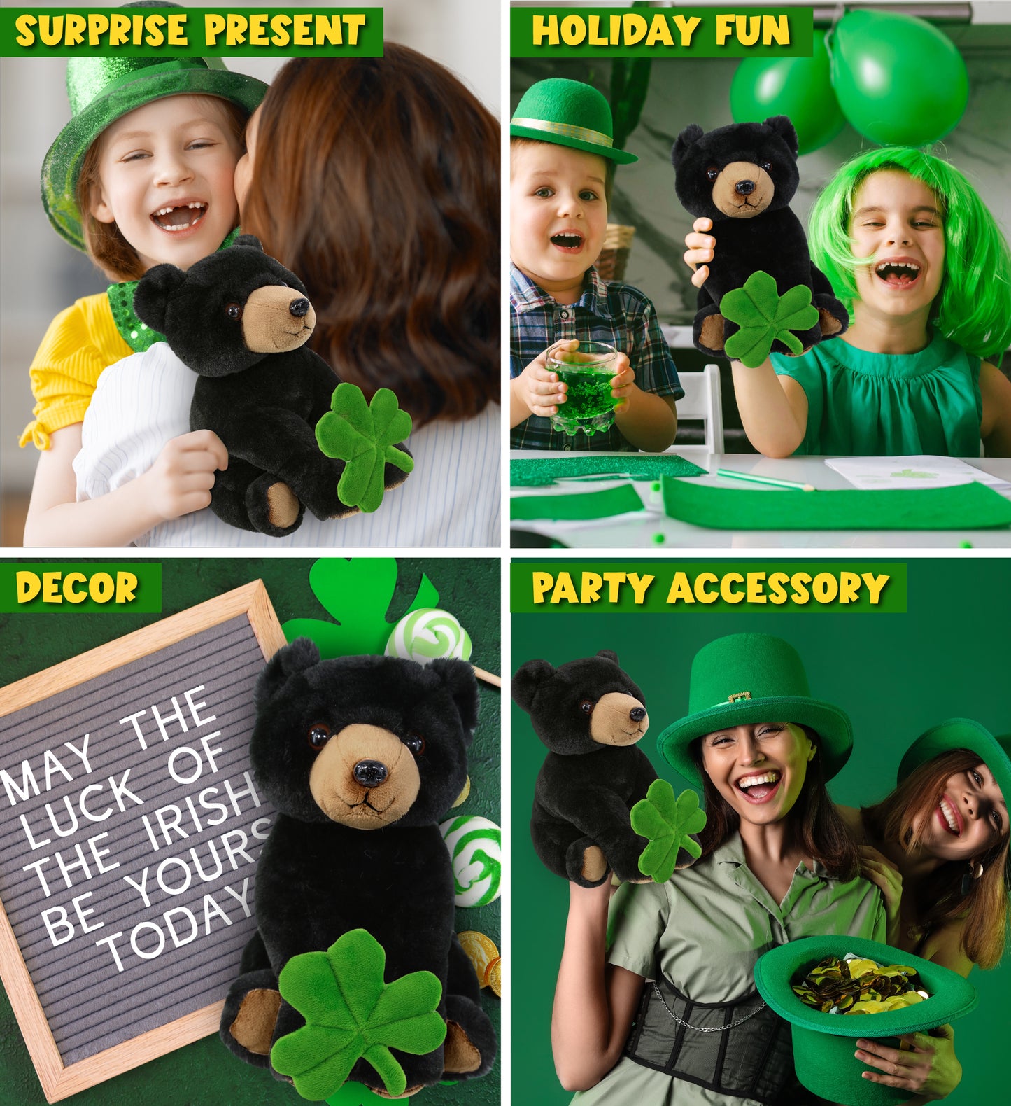 DolliBu Floppy Black Bear Stuffed Animal with Green Plush Shamrock - 9 Inches