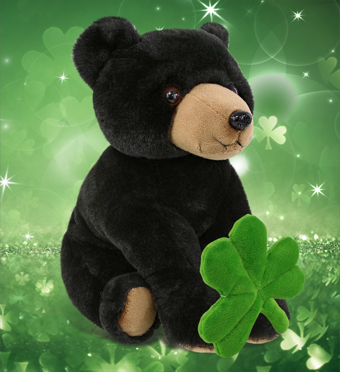 DolliBu Floppy Black Bear Stuffed Animal with Green Plush Shamrock - 9 Inches