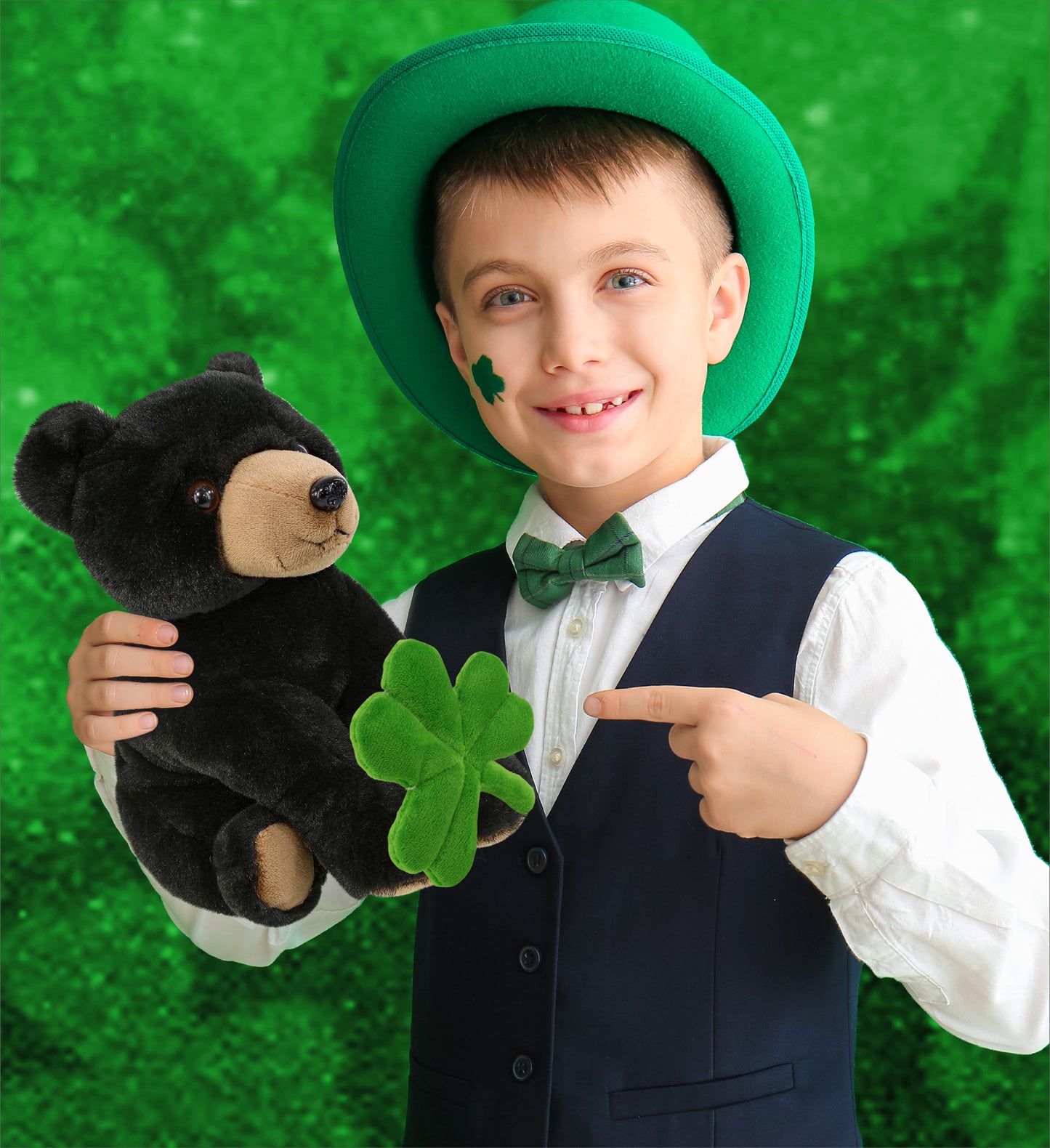 DolliBu Floppy Black Bear Stuffed Animal with Green Plush Shamrock - 9 Inches
