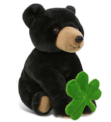 DolliBu Floppy Black Bear Stuffed Animal with Green Plush Shamrock - 9 Inches