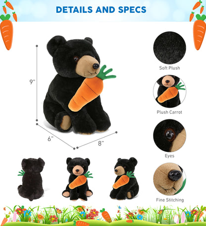 DolliBu Happy Easter Super Soft Plush Floppy Black Bear with Carrot - 9 Inches