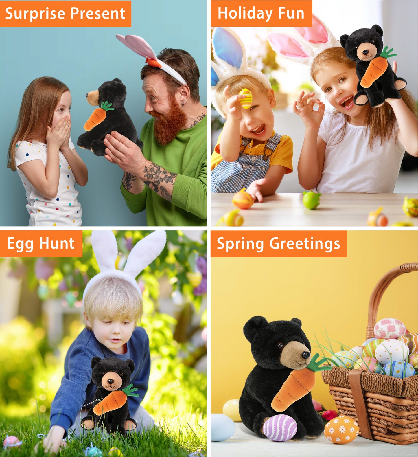 DolliBu Happy Easter Super Soft Plush Floppy Black Bear with Carrot - 9 Inches
