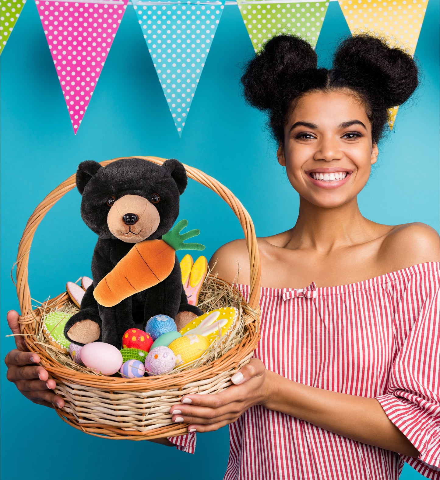 DolliBu Happy Easter Super Soft Plush Floppy Black Bear with Carrot - 9 Inches