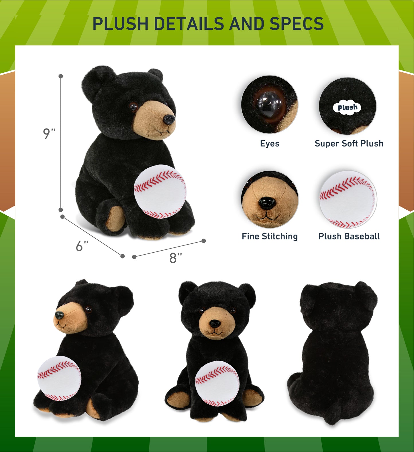 SUPER-SOFT PLUSH - FLOPPY BLACK BEAR 9" WITH BASEBALL PLUSH