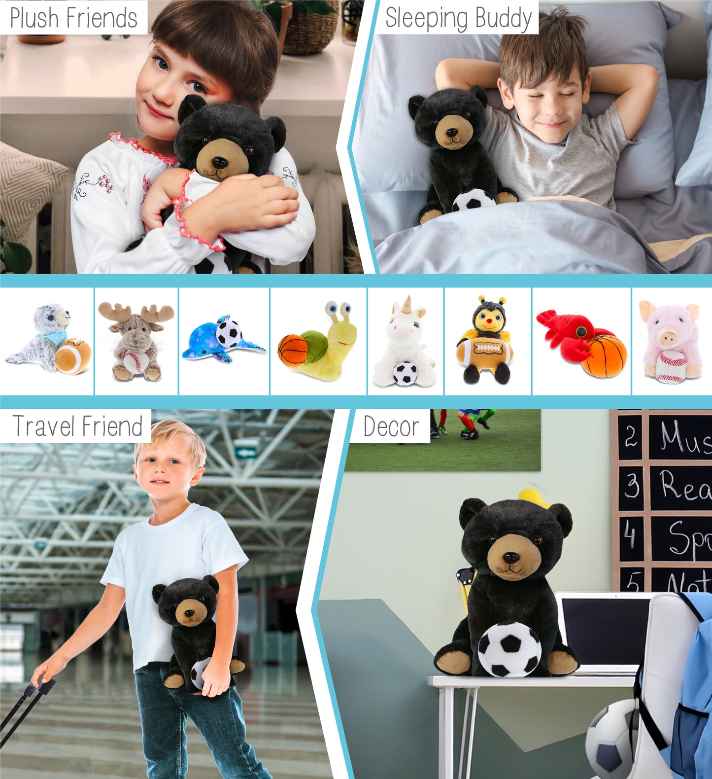 SUPER-SOFT PLUSH - FLOPPY BLACK BEAR 9" WITH SOCCER PLUSH