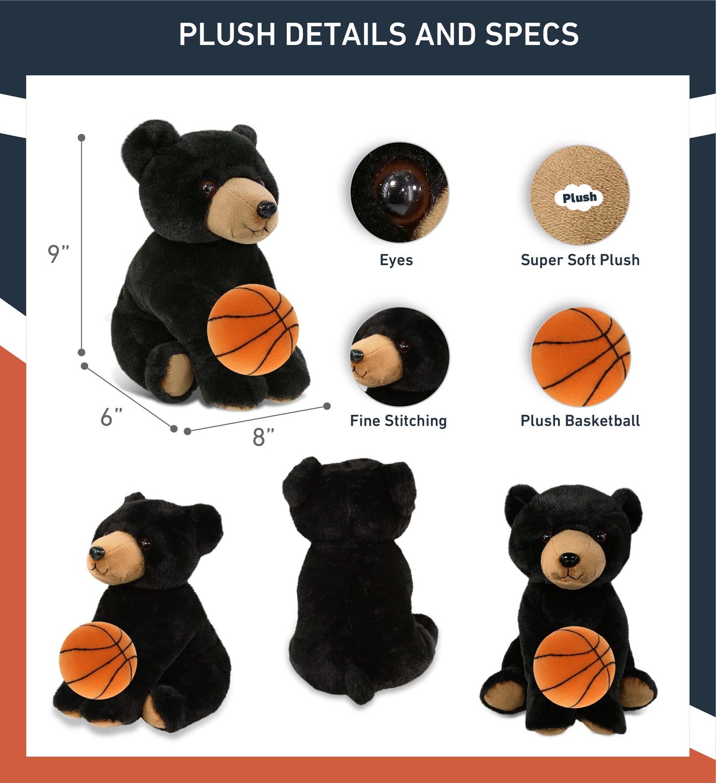 SUPER-SOFT PLUSH - FLOPPY BLACK BEAR 9" WITH BASKETBALL PLUSH