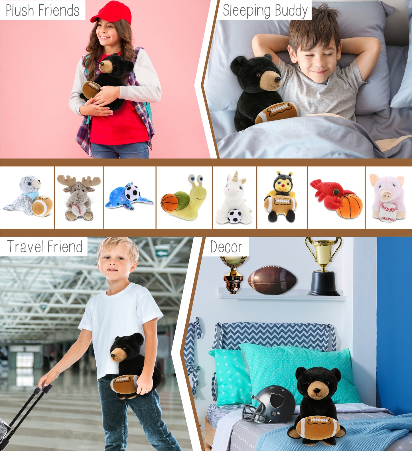 SUPER-SOFT PLUSH - FLOPPY BLACK BEAR 9" WITH FOOTBALL PLUSH