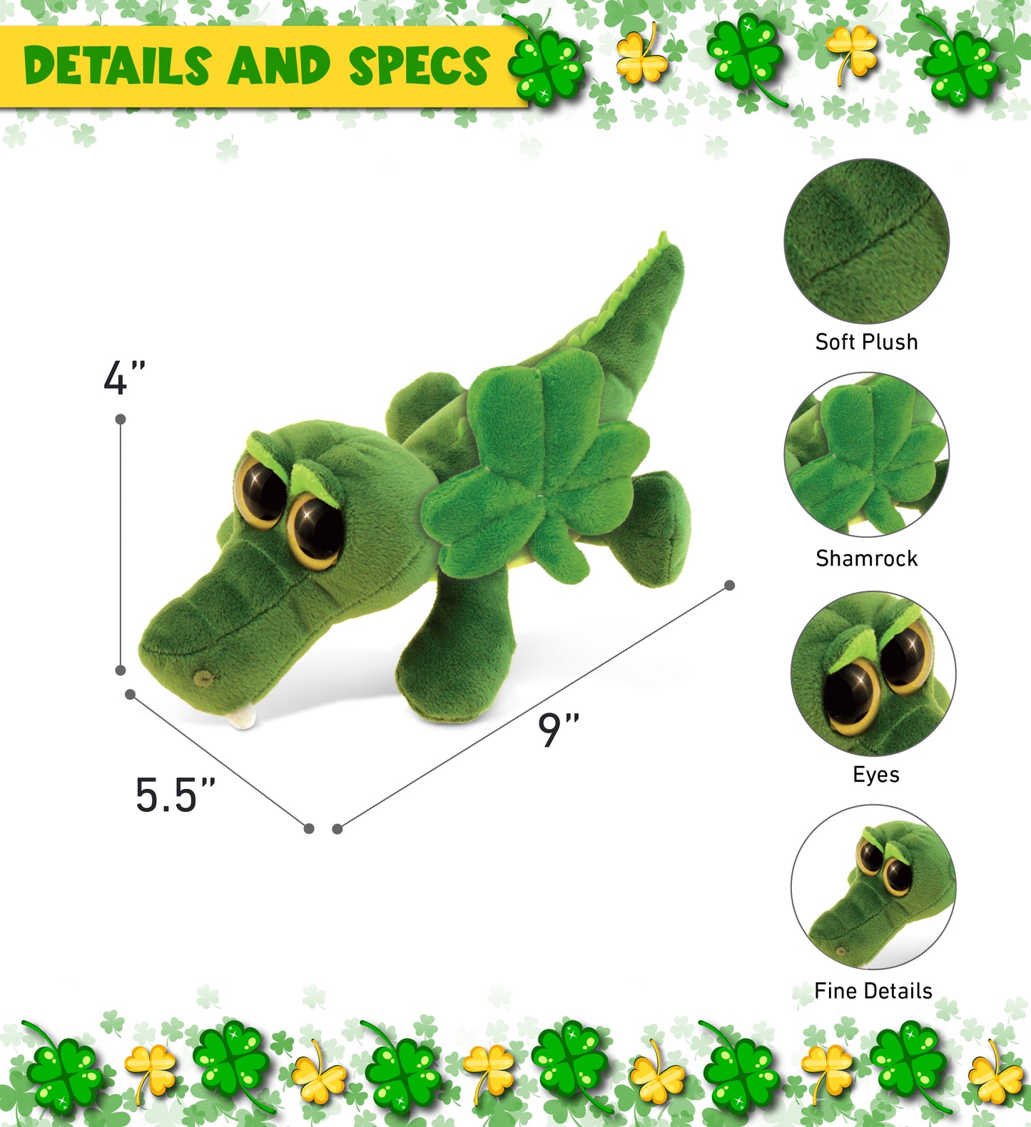 DolliBu Big Eye Alligator Stuffed Animal with Green Plush Shamrock - 6 Inches