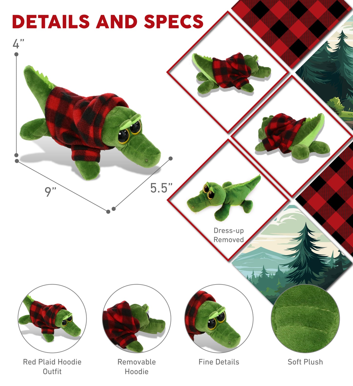 BIG EYE 6" PLUSH - ALLIGATOR WITH RED PLAID HOODIE
