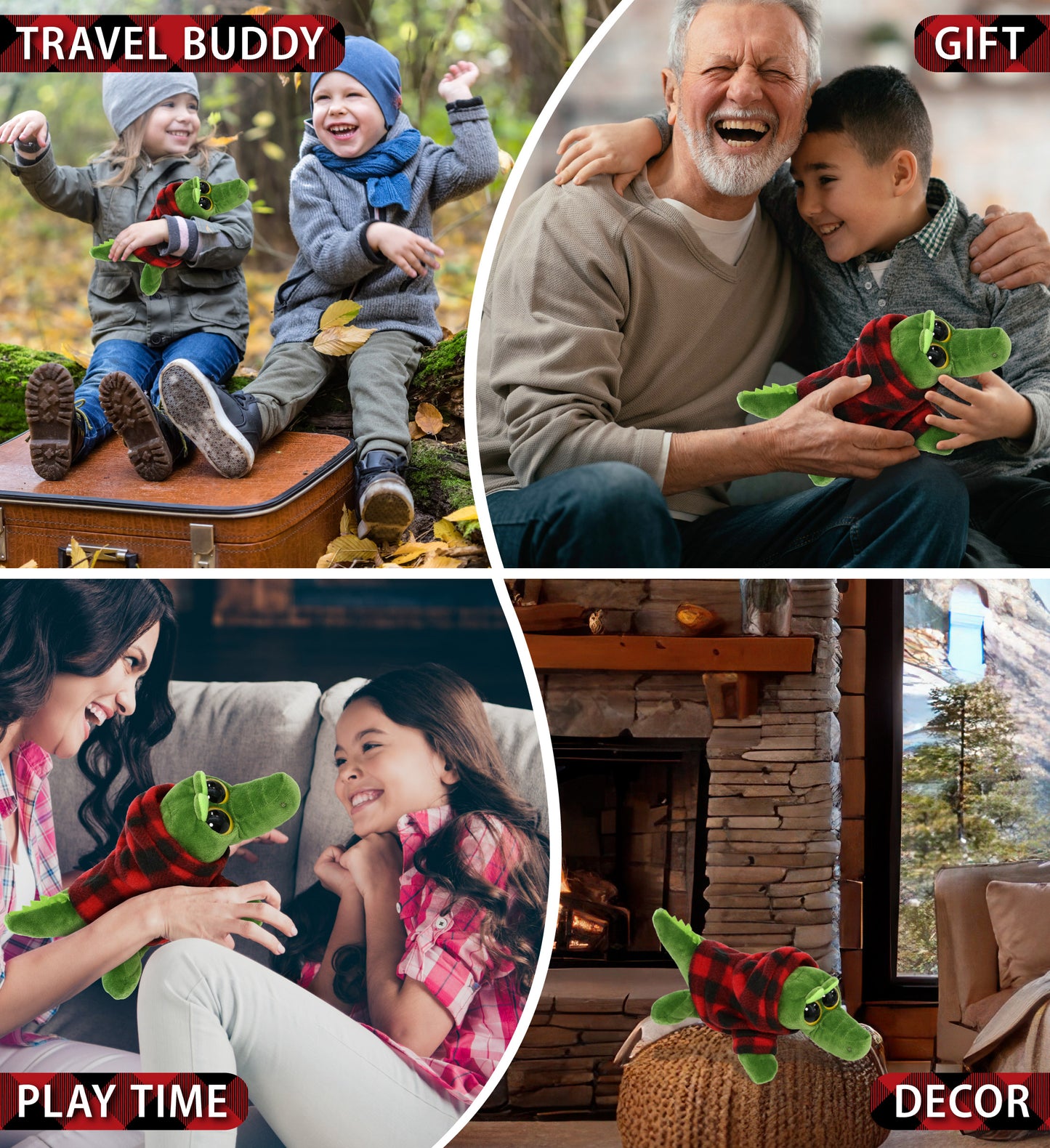 BIG EYE 6" PLUSH - ALLIGATOR WITH RED PLAID HOODIE