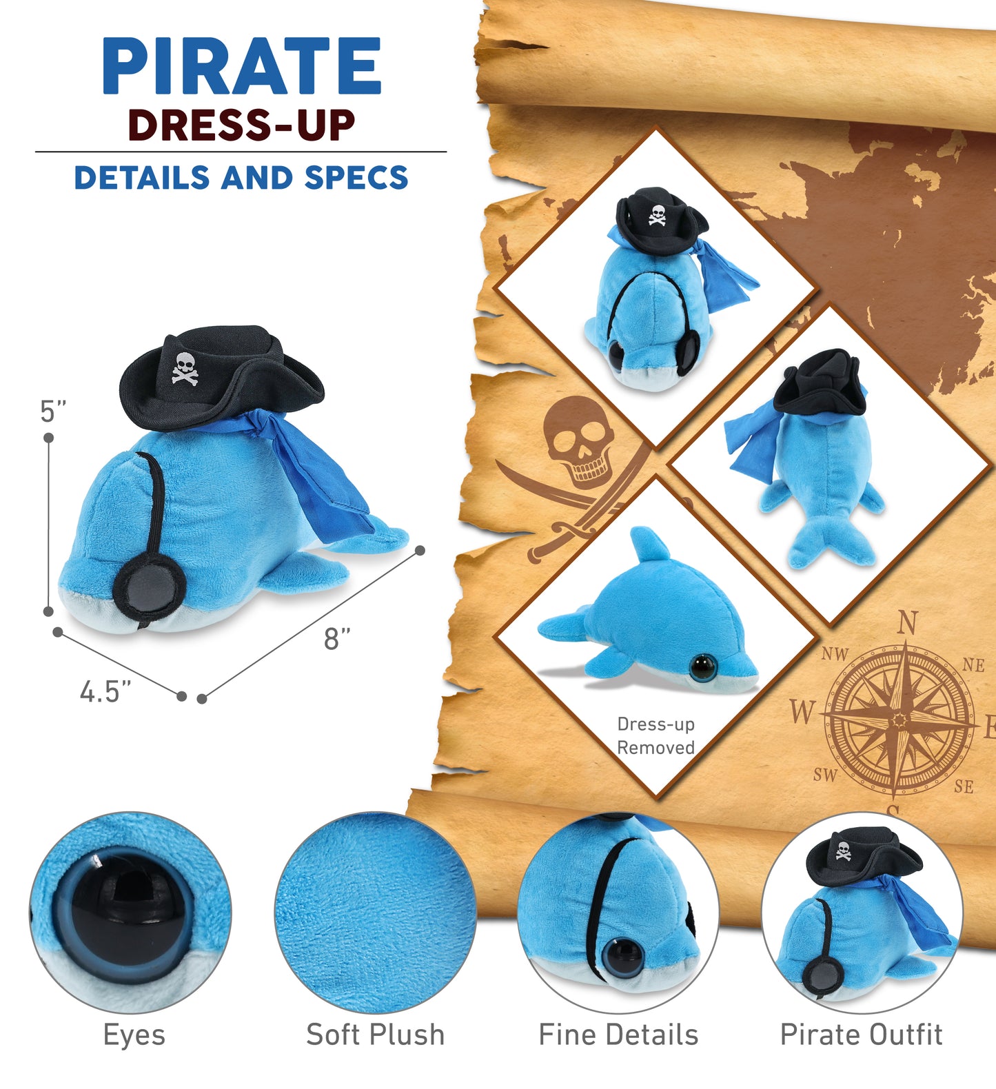 BIG EYE 6" PLUSH - DOLPHIN PIRATE DRESS UP