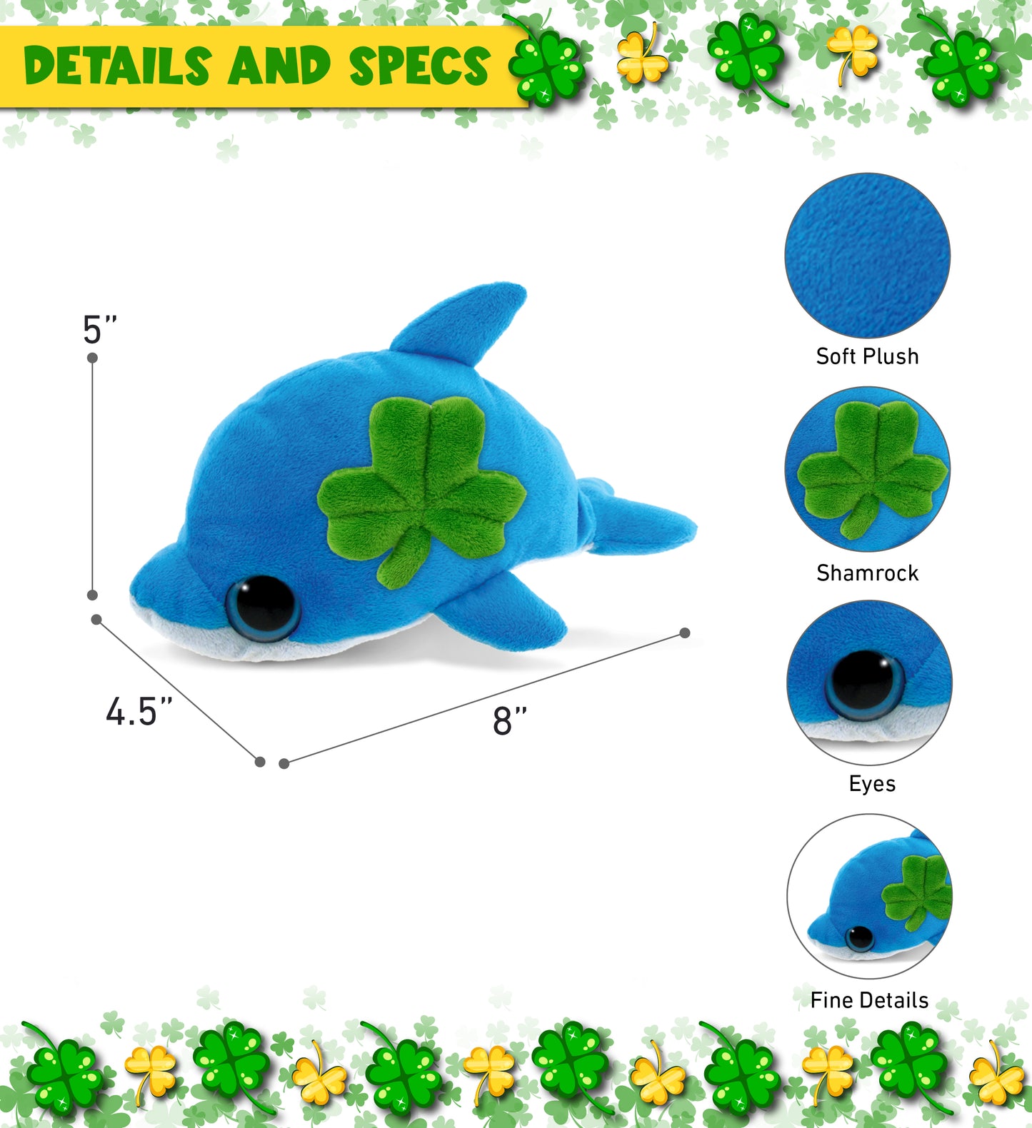 DolliBu Cute Blue Dolphin Stuffed Animal with Green Plush Shamrock - 8 Inches