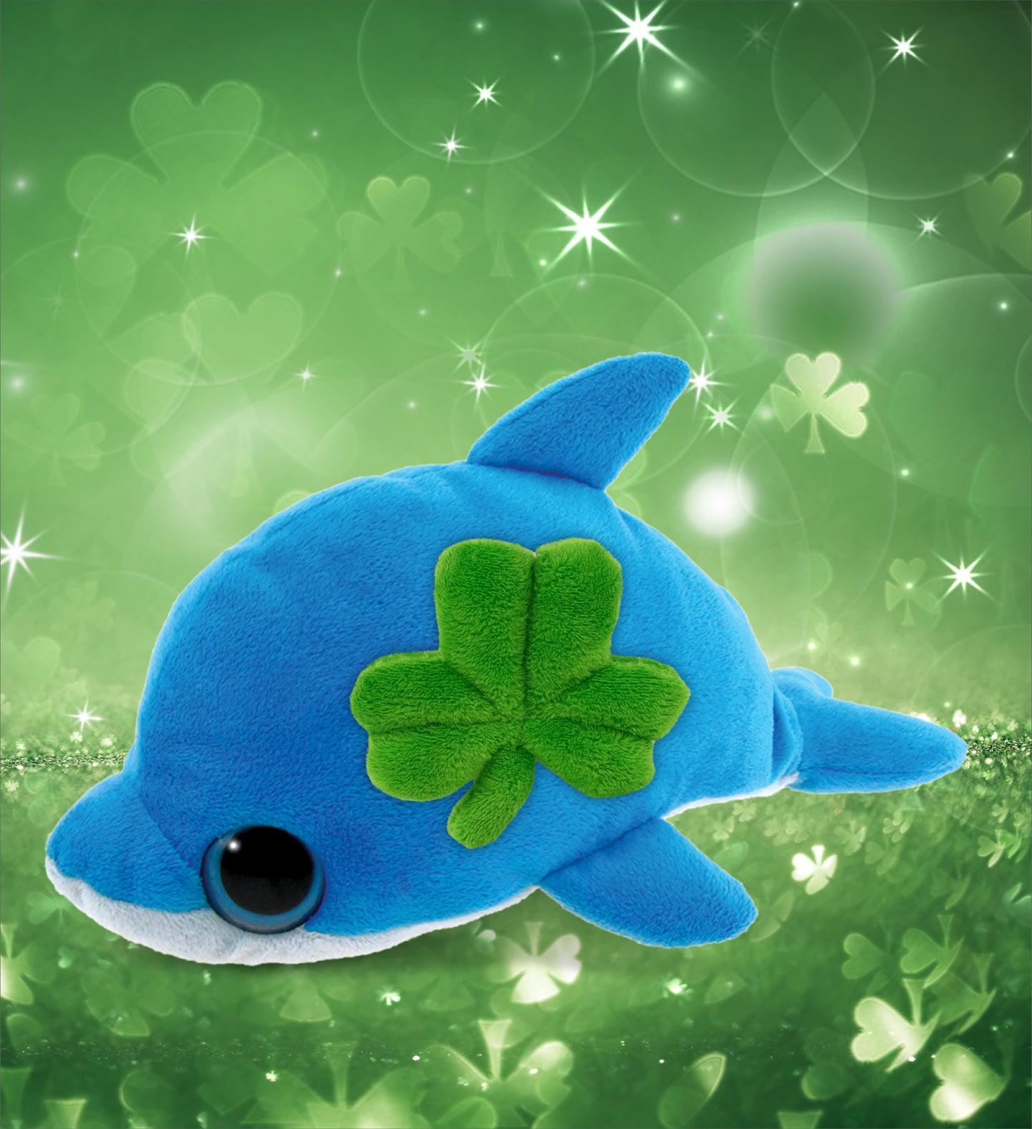 DolliBu Cute Blue Dolphin Stuffed Animal with Green Plush Shamrock - 8 Inches