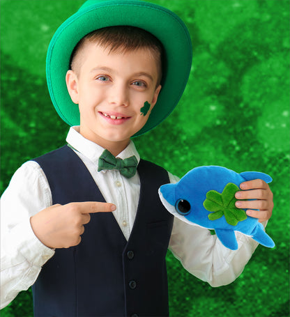 DolliBu Cute Blue Dolphin Stuffed Animal with Green Plush Shamrock - 8 Inches