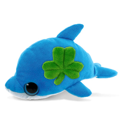 DolliBu Cute Blue Dolphin Stuffed Animal with Green Plush Shamrock - 8 Inches
