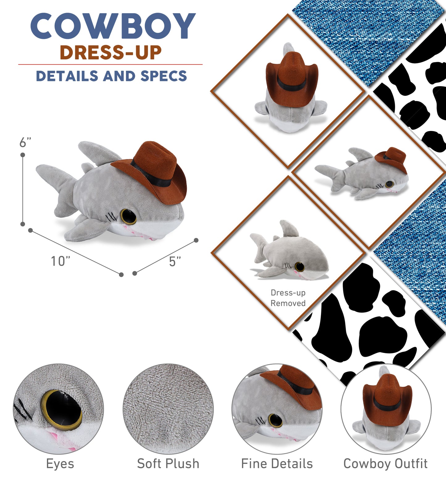 BIG EYE 6" PLUSH - SHARK COWBOY DRESS UP
