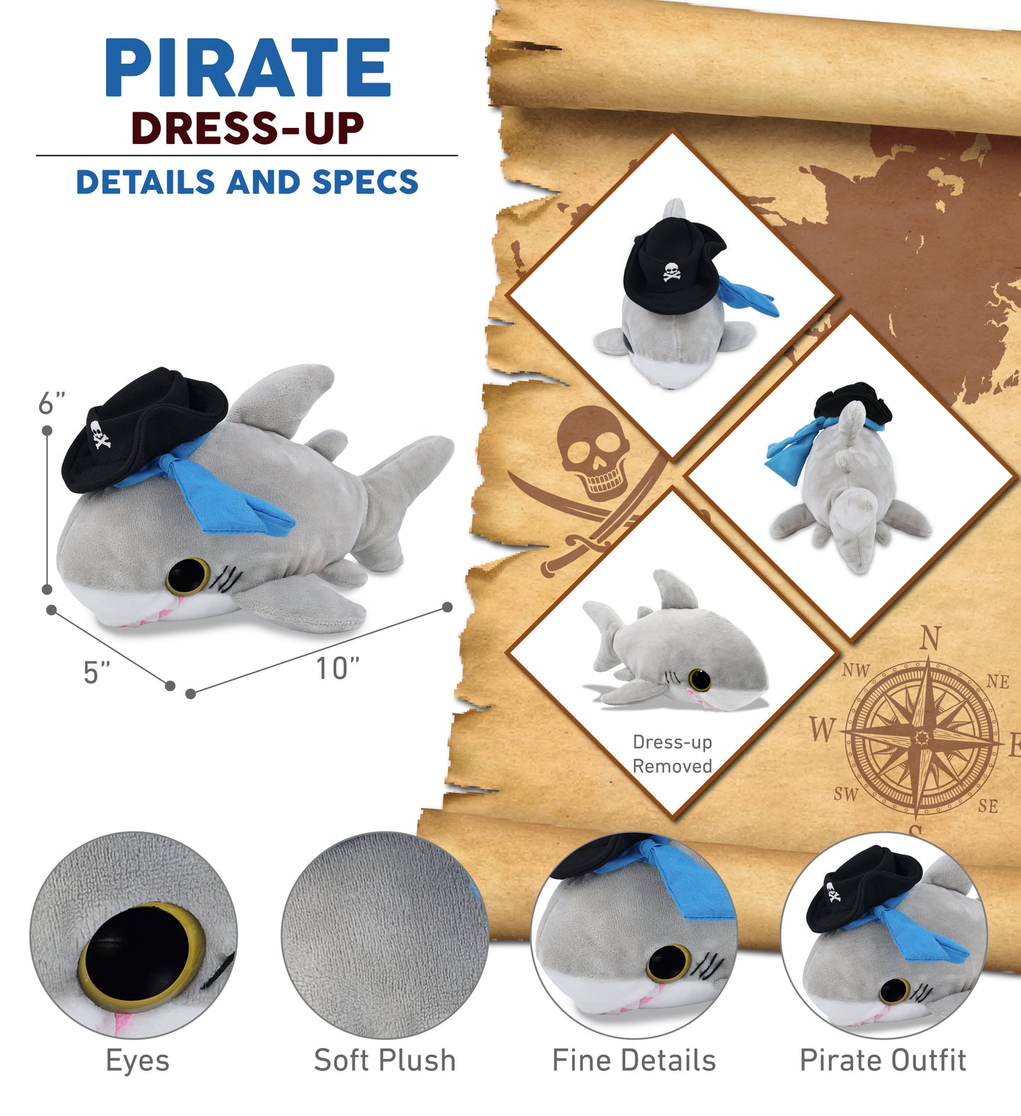 BIG EYE 6" PLUSH - SHARK WITH PIRATE DRESS UP