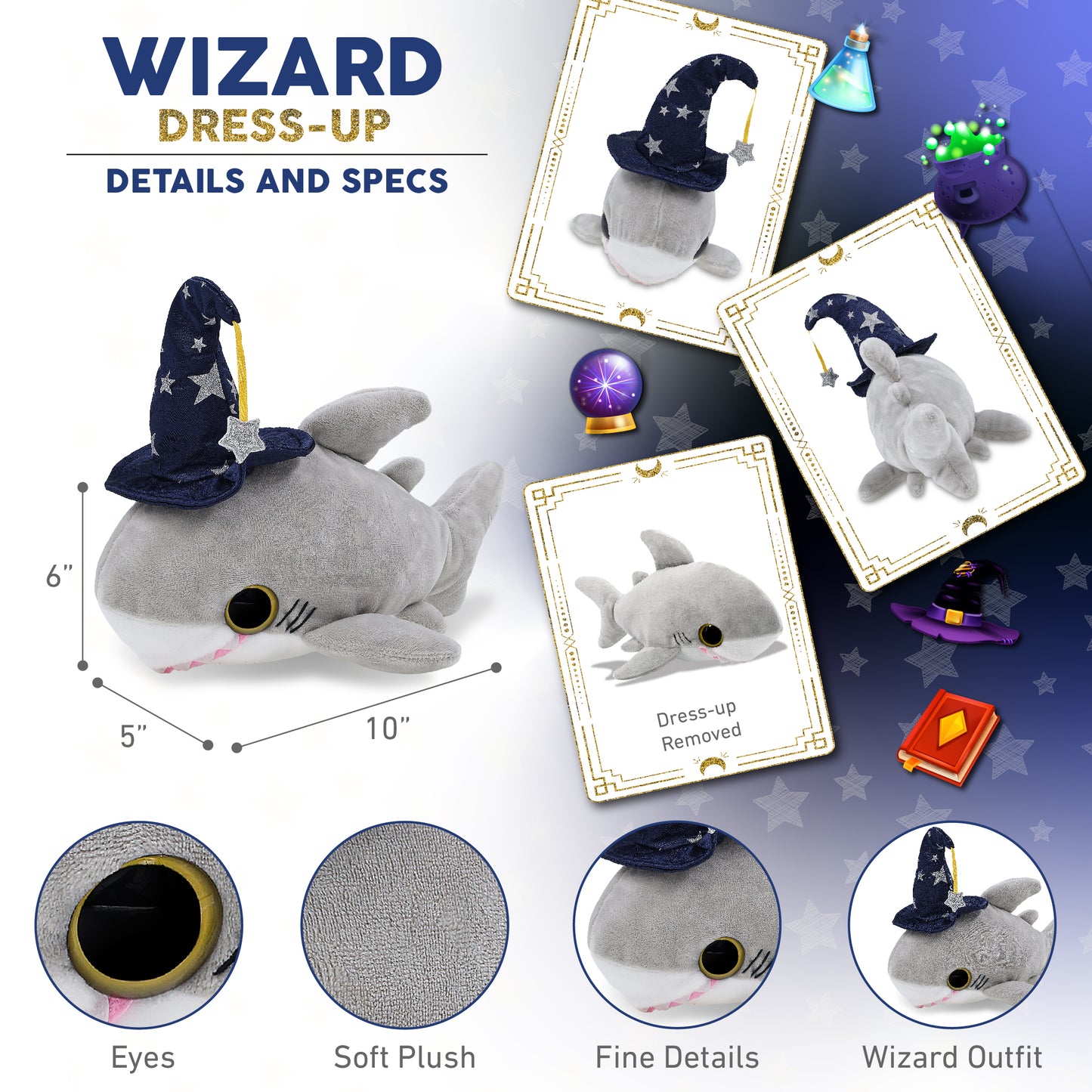 BIG EYE 6" PLUSH - SHARK WITH WIZARD DRESS UP