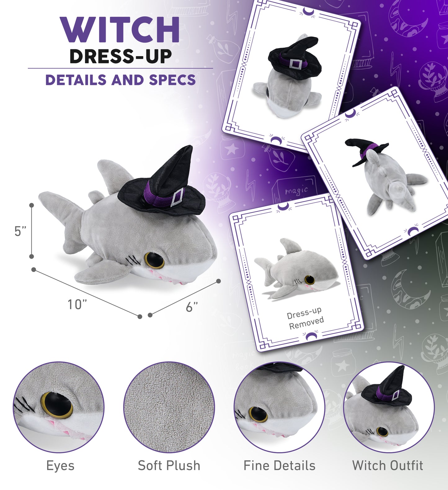 BIG EYE 6" PLUSH - SHARK WITH WITCH DRESS UP