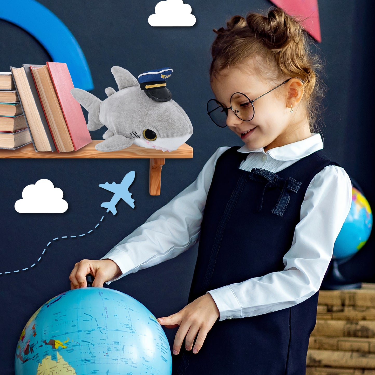 BIG EYE 6" PLUSH - SHARK WITH PILOT DRESS UP