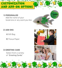 DolliBu Big Eye Great White Shark Stuffed Toy with Green Plush Shamrock 10 Inch