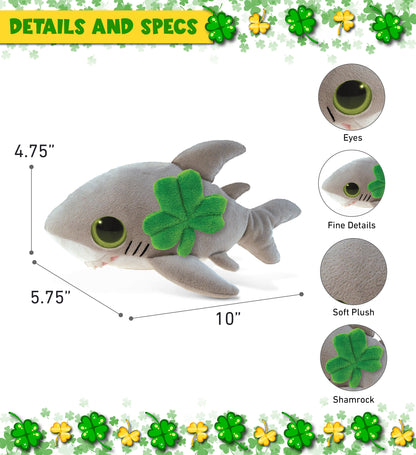 DolliBu Big Eye Great White Shark Stuffed Toy with Green Plush Shamrock 10 Inch