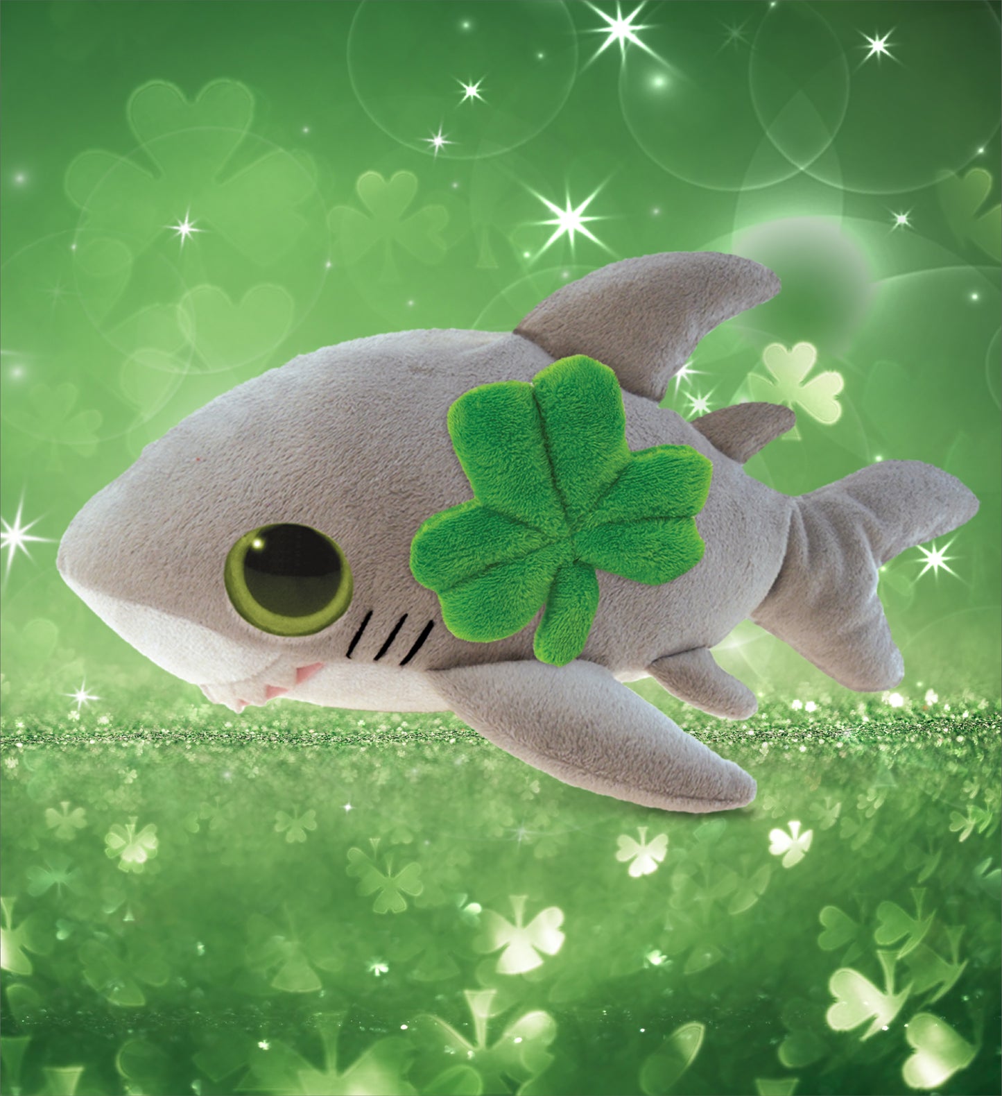 DolliBu Big Eye Great White Shark Stuffed Toy with Green Plush Shamrock 10 Inch