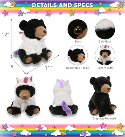 SUPER-SOFT PLUSH - LARGE FLOPPY BLACK BEAR 12" WITH UNICORN DRESS UP
